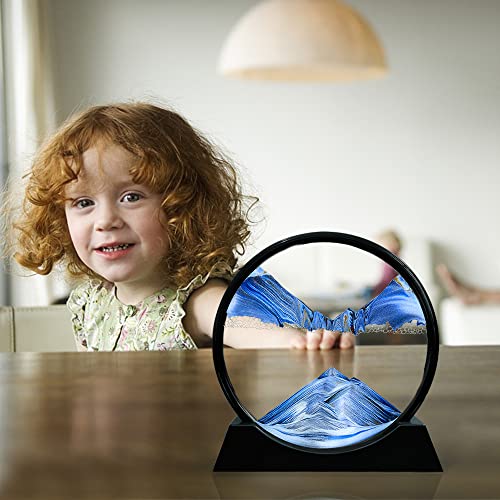 Aoderun 7 Inch Round Moving Sand Art Picture - Blue 3D Deep Sea Sandscape in Motion, Relaxing Desktop Decor