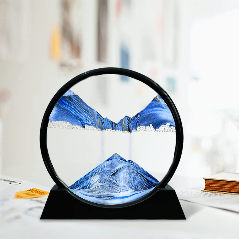 Aoderun 7 Inch Round Moving Sand Art Picture - Blue 3D Deep Sea Sandscape in Motion, Relaxing Desktop Decor