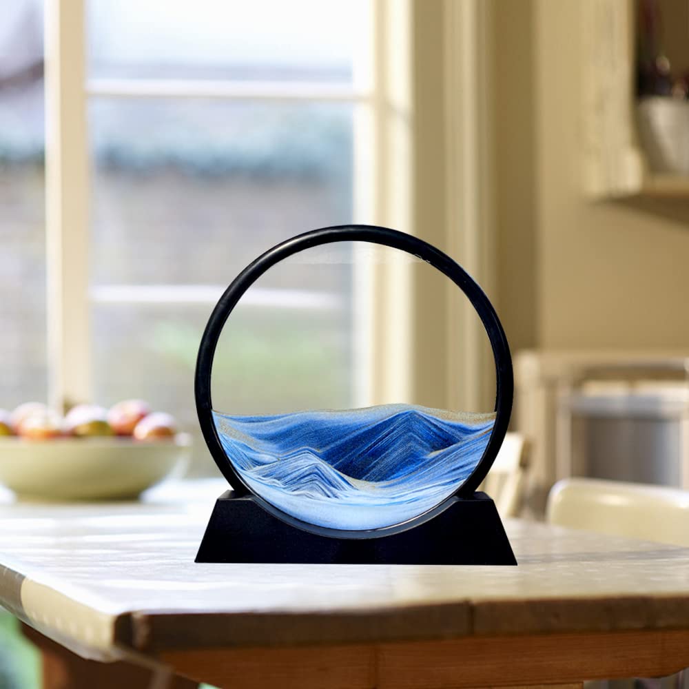 Aoderun 7 Inch Round Moving Sand Art Picture - Blue 3D Deep Sea Sandscape in Motion, Relaxing Desktop Decor