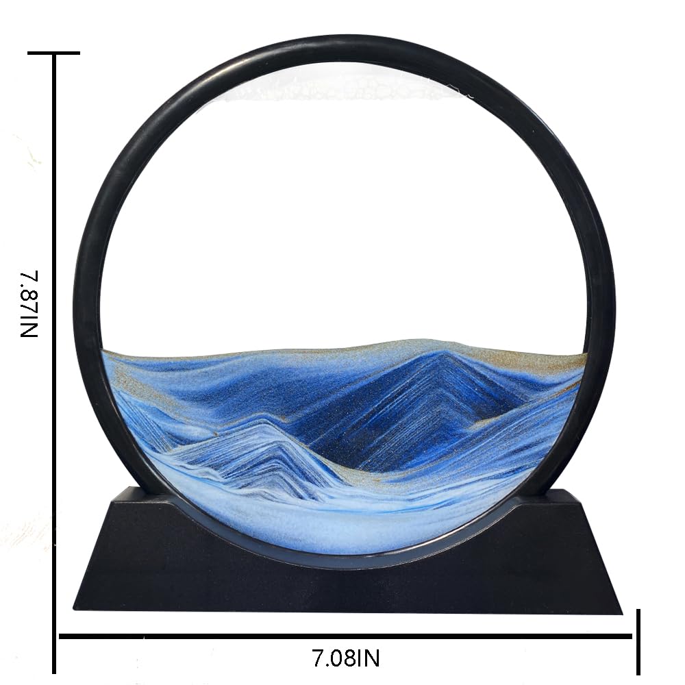Aoderun 7 Inch Round Moving Sand Art Picture - Blue 3D Deep Sea Sandscape in Motion, Relaxing Desktop Decor