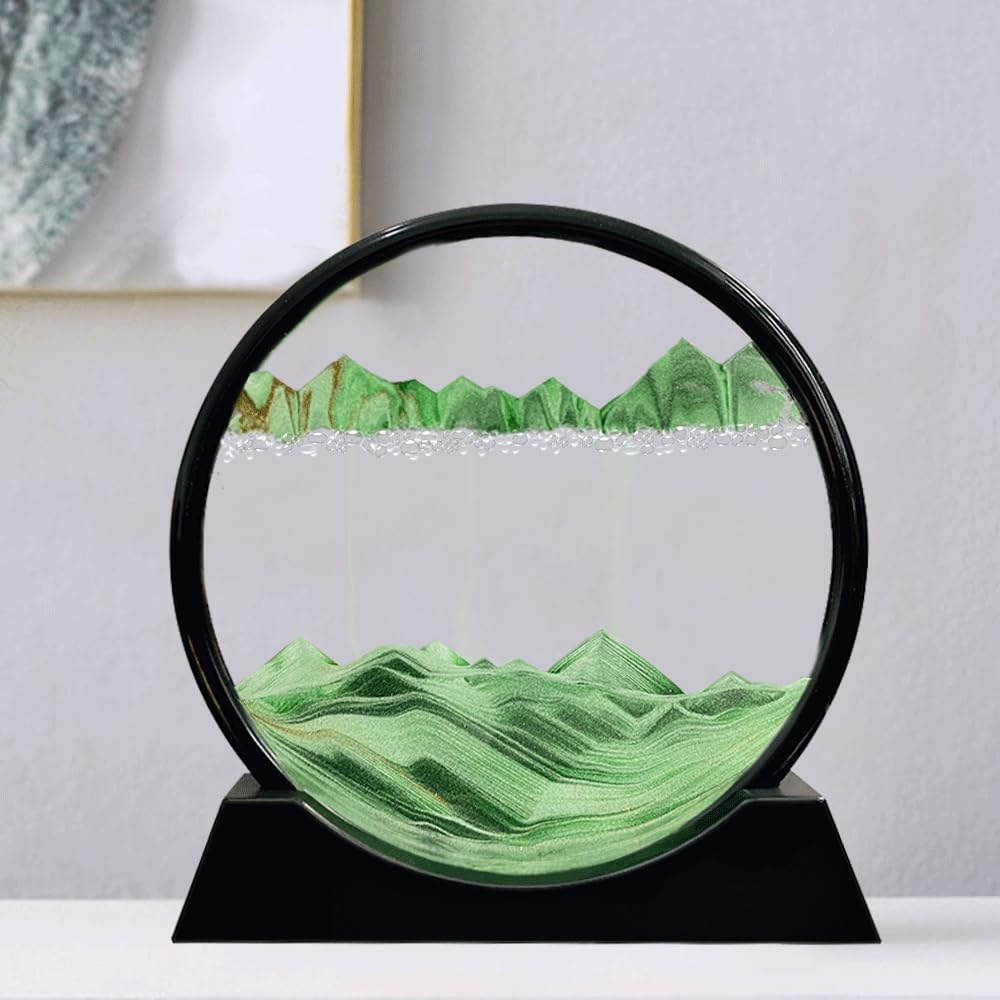 Aoderun Moving Sand Art Picture – Round 3D Green Sandscape, 7 Inch Desktop Decor