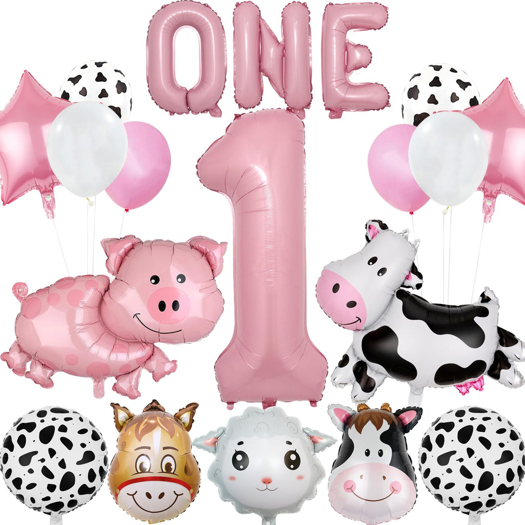 AODESAI 19-Piece Farm Animal Balloon Set for 1st Birthday - Number 1 Foil Balloons with Cow, Sheep, Pig & Donkey