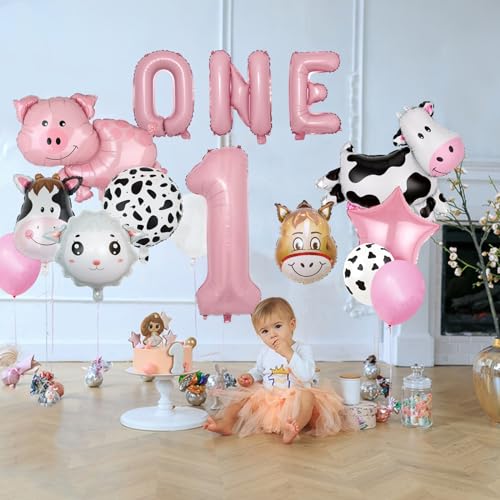 AODESAI 19-Piece Farm Animal Balloon Set for 1st Birthday - Number 1 Foil Balloons with Cow, Sheep, Pig & Donkey