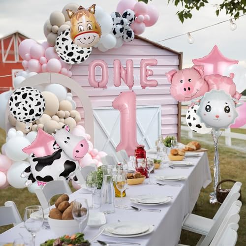 AODESAI 19-Piece Farm Animal Balloon Set for 1st Birthday - Number 1 Foil Balloons with Cow, Sheep, Pig & Donkey