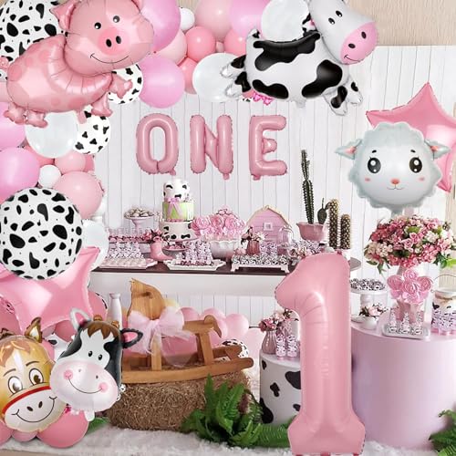 AODESAI 19-Piece Farm Animal Balloon Set for 1st Birthday - Number 1 Foil Balloons with Cow, Sheep, Pig & Donkey