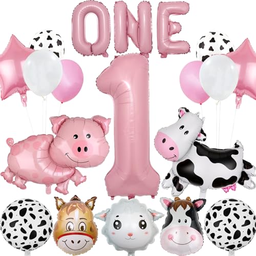 AODESAI 19-Piece Farm Animal Balloon Set for 1st Birthday - Number 1 Foil Balloons with Cow, Sheep, Pig & Donkey