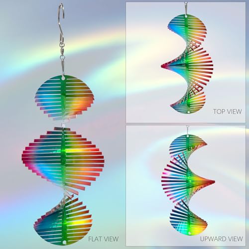 Aoedelyart Rainbow Wave Wind Spinner - 7 Inch Stainless Steel Reflective Outdoor Hanging Decor