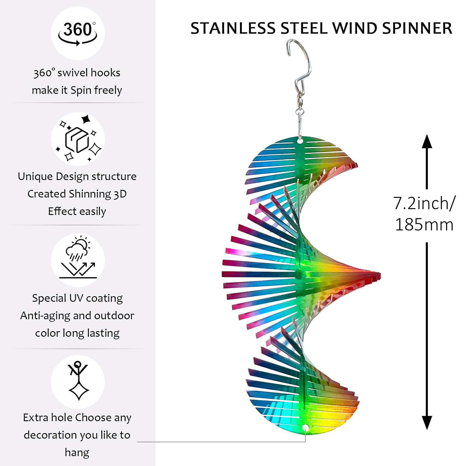 Aoedelyart Rainbow Wave Wind Spinner - 7 Inch Stainless Steel Reflective Outdoor Hanging Decor