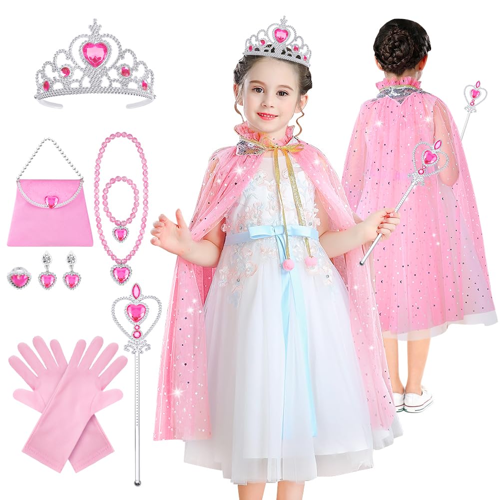 AOMIG 11-Piece Princess Cape Set with Crown, Wand, Jewelry & Bag for Girls 3-8