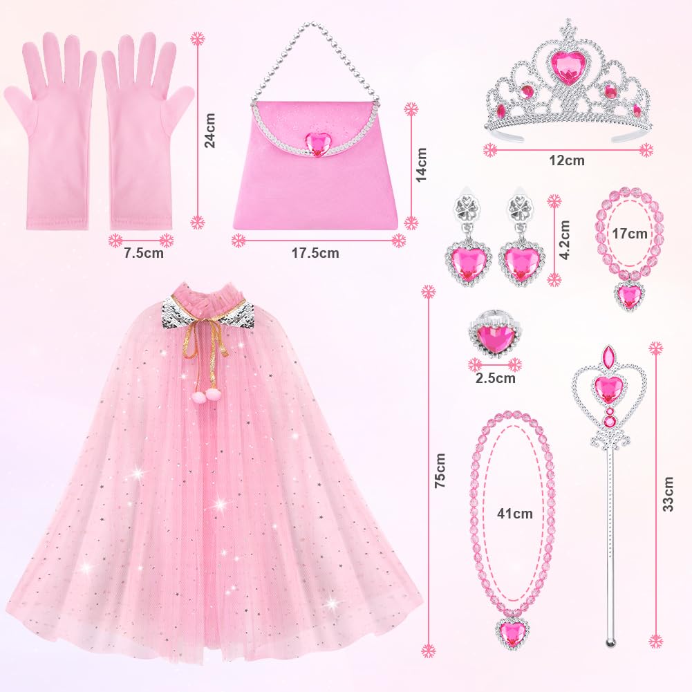 AOMIG 11-Piece Princess Cape Set with Crown, Wand, Jewelry & Bag for Girls 3-8