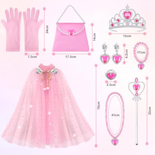 AOMIG 11-Piece Princess Cape Set with Crown, Wand, Jewelry & Bag for Girls 3-8