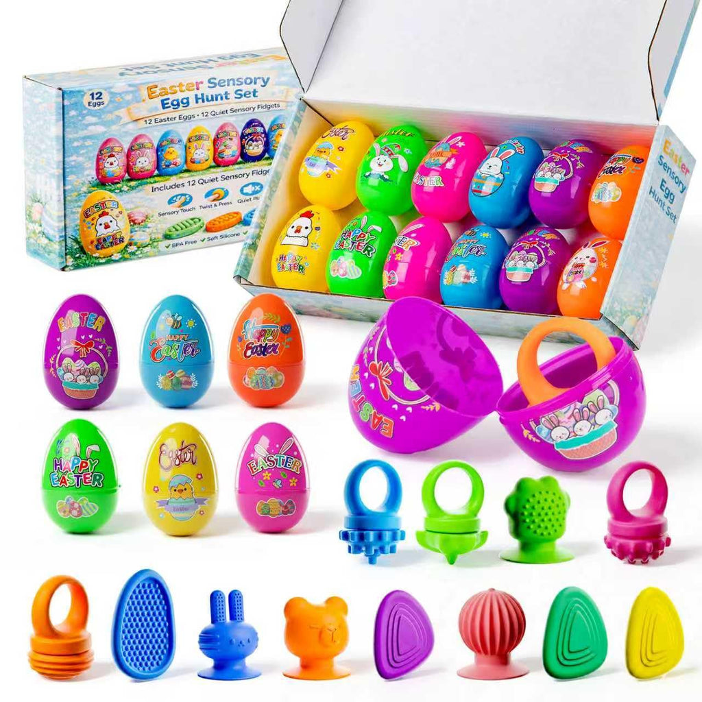 AONTESS Prefilled Easter Eggs with Quiet Sensory Fidgets – 12 Pack of Worry Stones, Suction Toys & Spinner Rings for Calming, Autism & ADHD