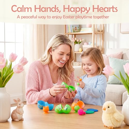 AONTESS Prefilled Easter Eggs with Quiet Sensory Fidgets – 12 Pack of Worry Stones, Suction Toys & Spinner Rings for Calming, Autism & ADHD