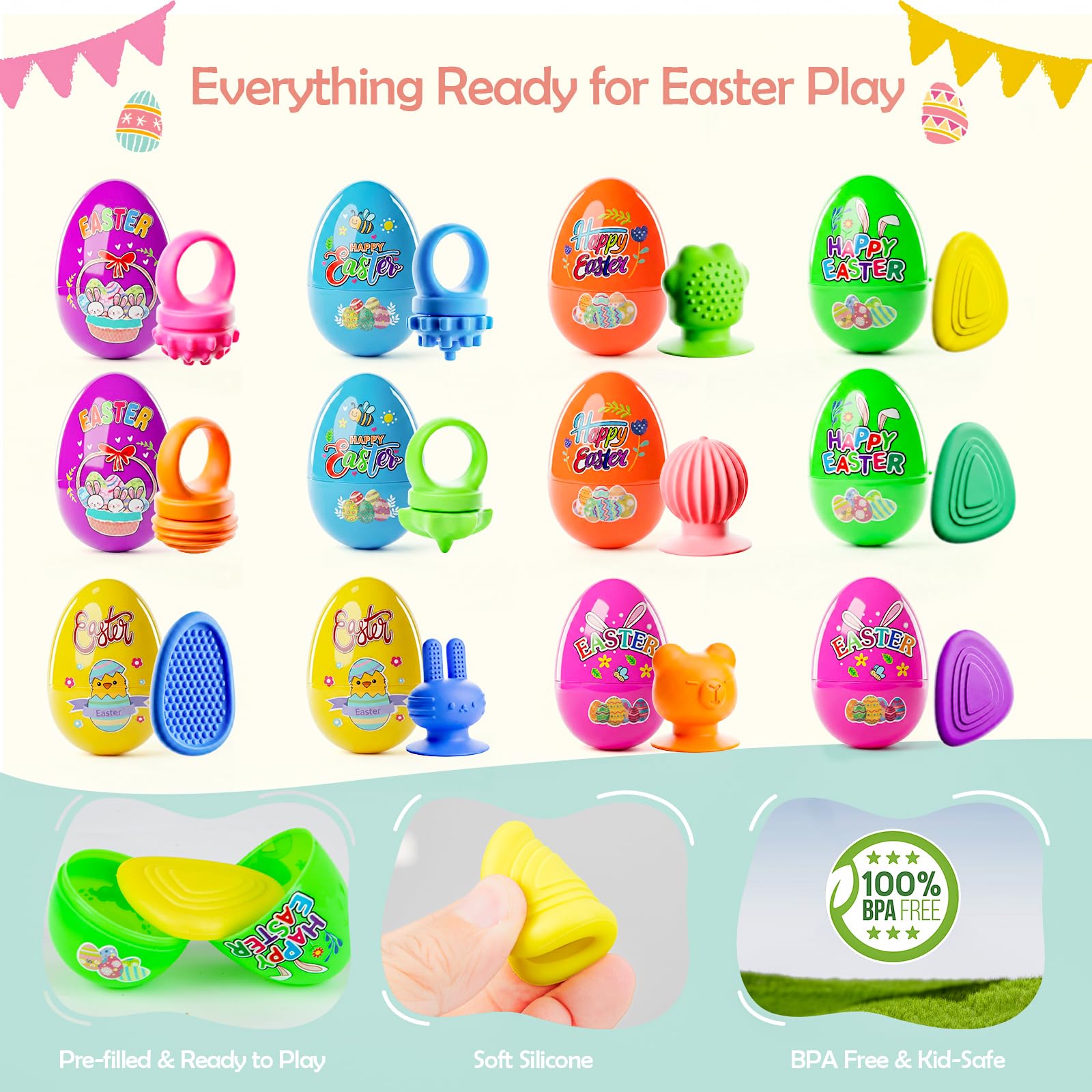 AONTESS Prefilled Easter Eggs with Quiet Sensory Fidgets – 12 Pack of Worry Stones, Suction Toys & Spinner Rings for Calming, Autism & ADHD