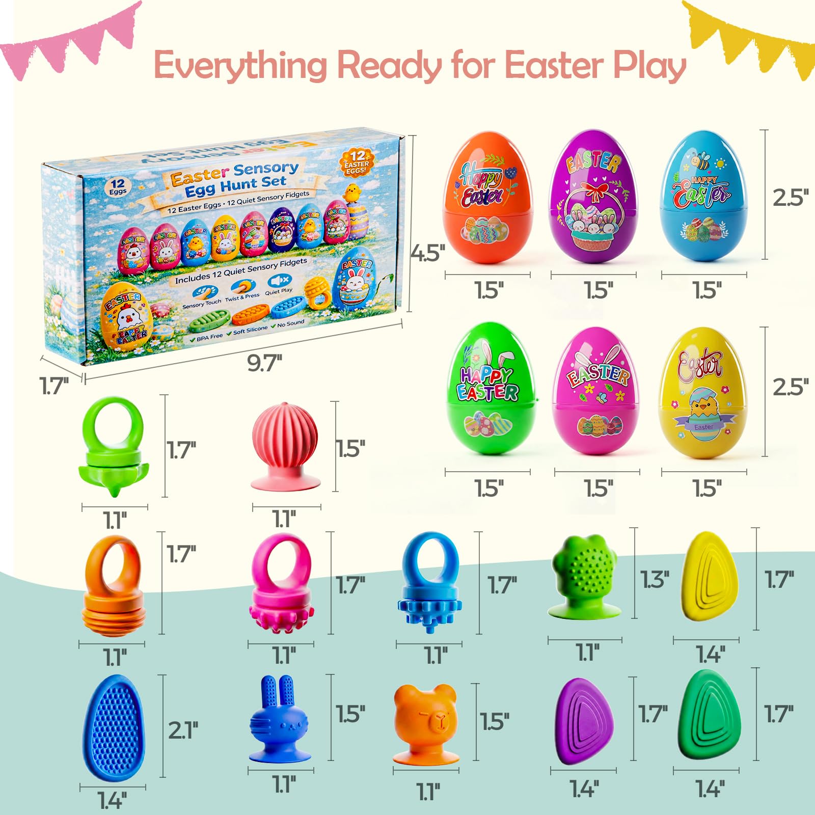 AONTESS Prefilled Easter Eggs with Quiet Sensory Fidgets – 12 Pack of Worry Stones, Suction Toys & Spinner Rings for Calming, Autism & ADHD
