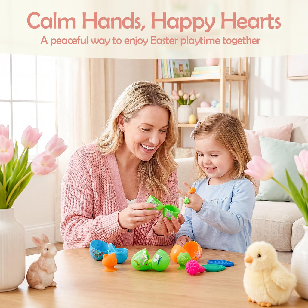 AONTESS Prefilled Easter Eggs with Quiet Sensory Fidgets – 12 Pack of Worry Stones, Suction Toys & Spinner Rings for Calming, Autism & ADHD