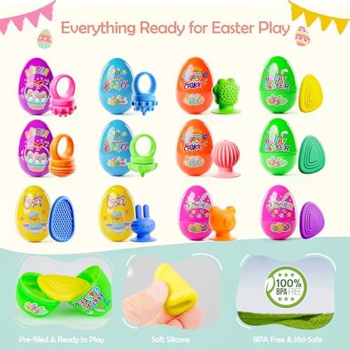 AONTESS Prefilled Easter Eggs with Quiet Sensory Fidgets – 12 Pack of Worry Stones, Suction Toys & Spinner Rings for Calming, Autism & ADHD