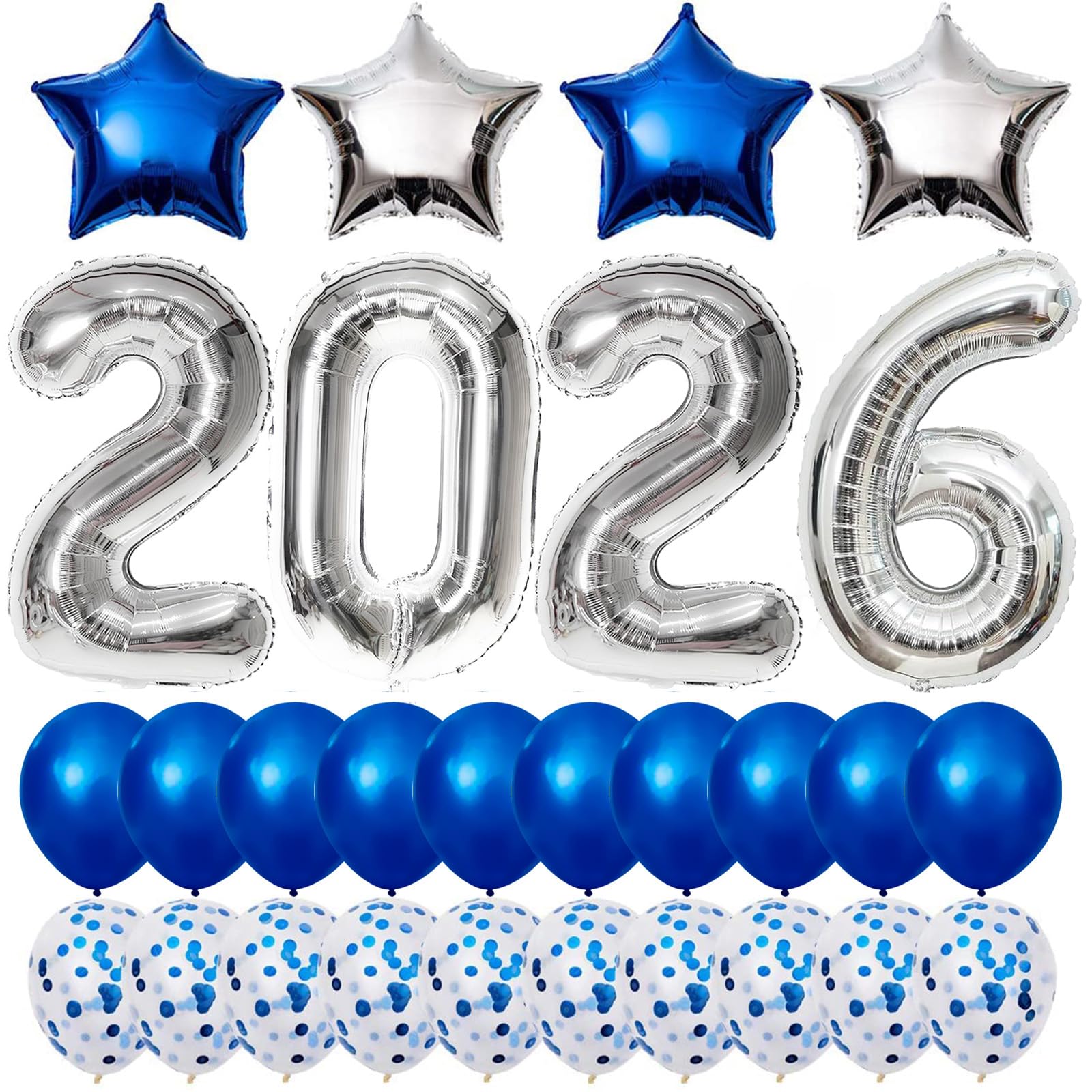 AOOTOOSPORT 2026 Graduation Balloons Kit - 40 Inch Silver Number Balloons with Blue & White Latex, Star Foil, and Confetti Balloons - 28 Piece Party Set