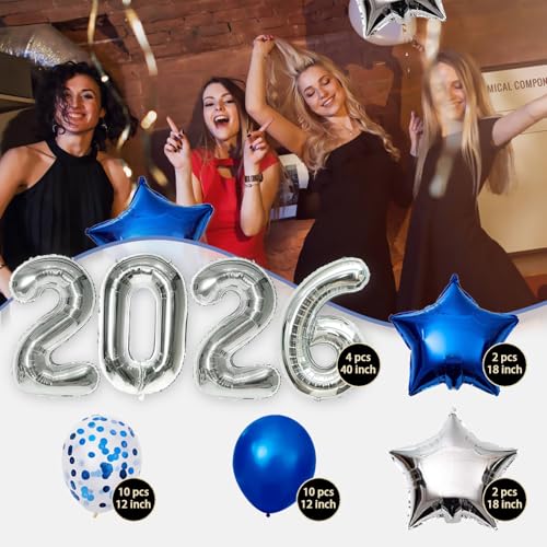 AOOTOOSPORT 2026 Graduation Balloons Kit - 40 Inch Silver Number Balloons with Blue & White Latex, Star Foil, and Confetti Balloons - 28 Piece Party Set
