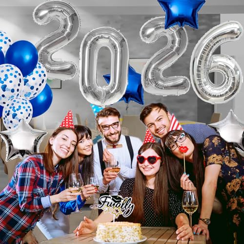 AOOTOOSPORT 2026 Graduation Balloons Kit - 40 Inch Silver Number Balloons with Blue & White Latex, Star Foil, and Confetti Balloons - 28 Piece Party Set