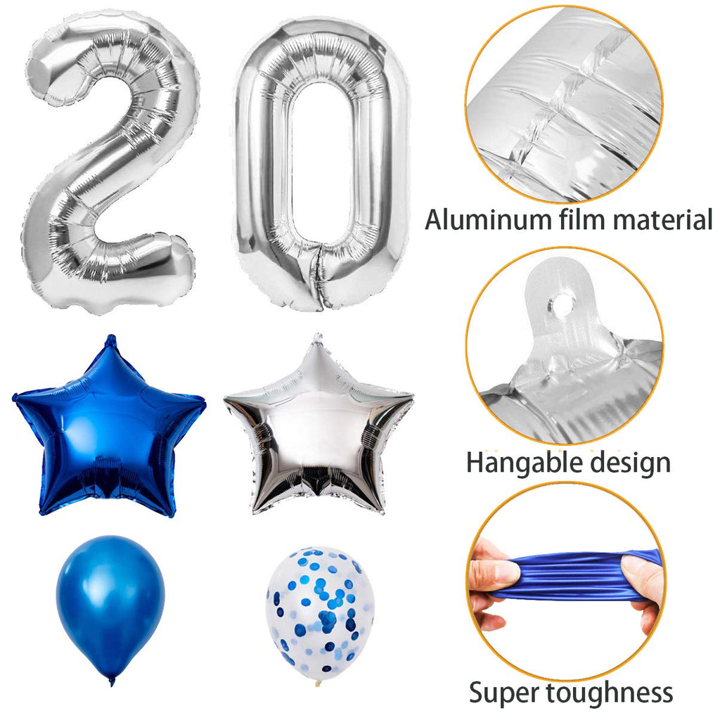 AOOTOOSPORT 2026 Graduation Balloons Kit - 40 Inch Silver Number Balloons with Blue & White Latex, Star Foil, and Confetti Balloons - 28 Piece Party Set