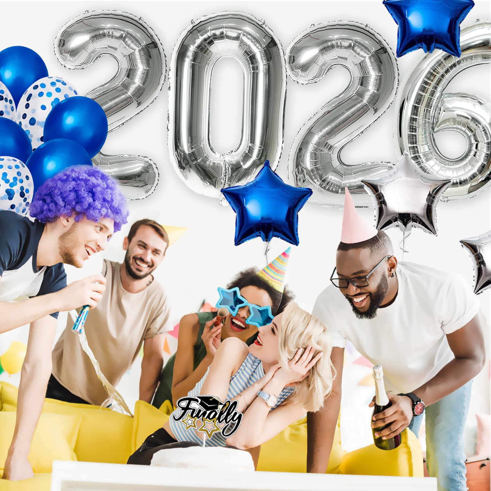AOOTOOSPORT 2026 Graduation Balloons Kit - 40 Inch Silver Number Balloons with Blue & White Latex, Star Foil, and Confetti Balloons - 28 Piece Party Set