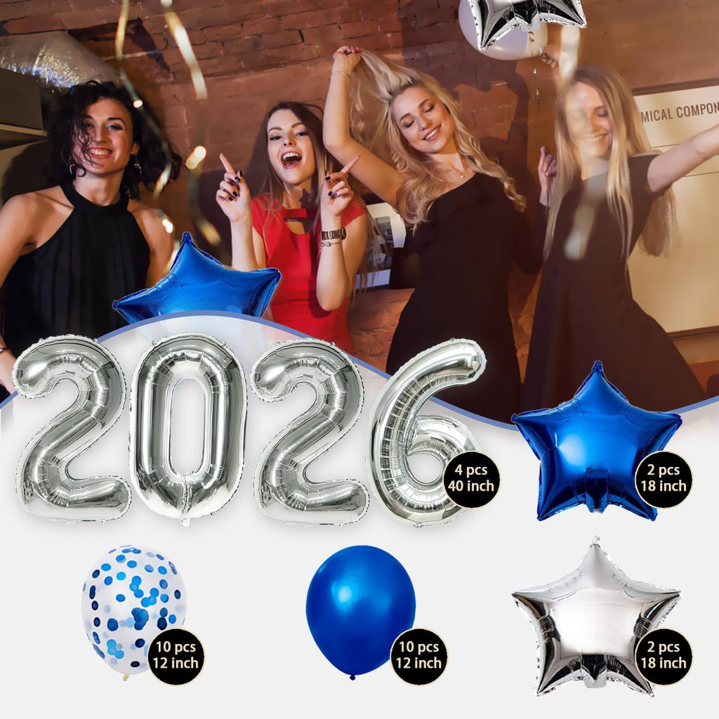 AOOTOOSPORT 2026 Graduation Balloons Kit - 40 Inch Silver Number Balloons with Blue & White Latex, Star Foil, and Confetti Balloons - 28 Piece Party Set