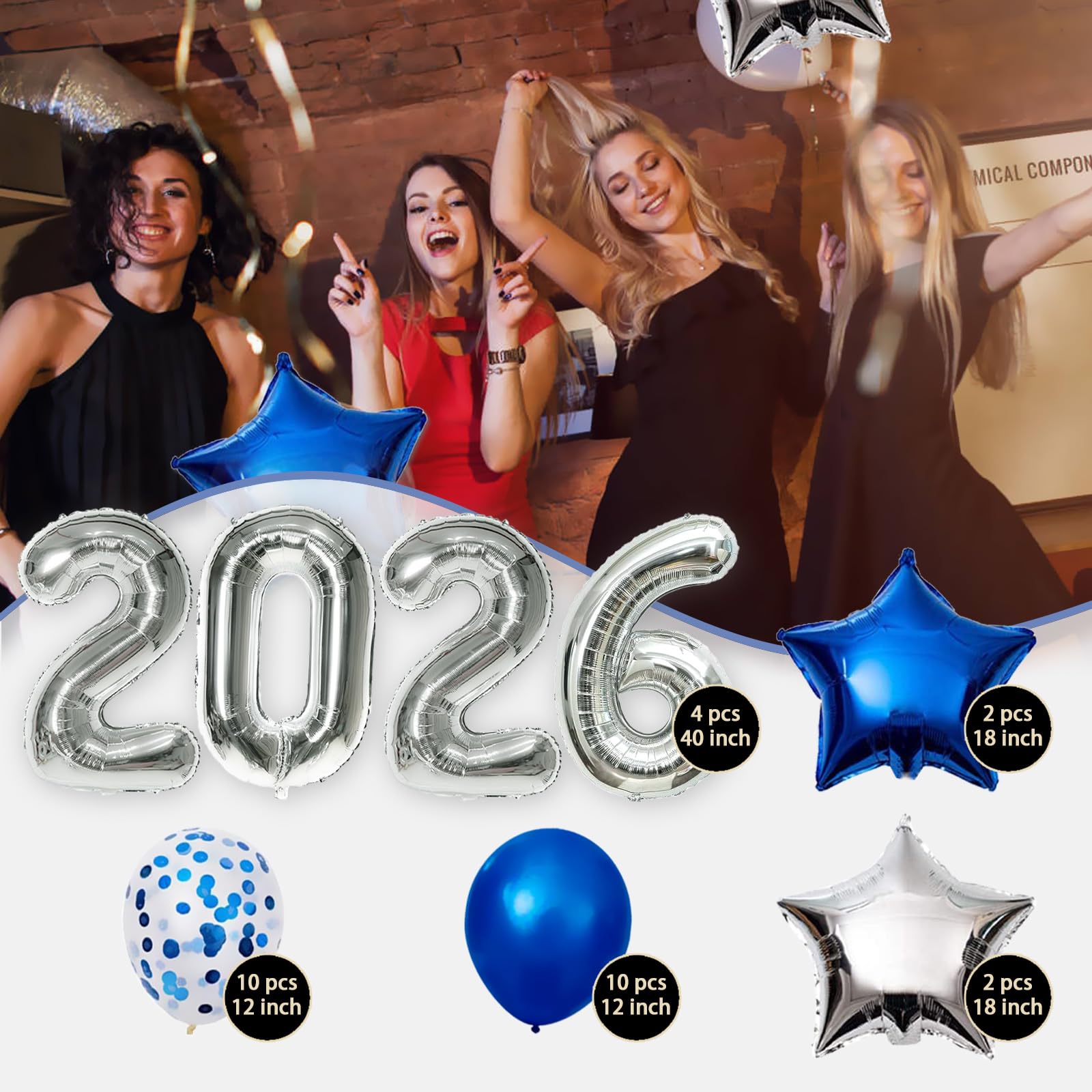 AOOTOOSPORT 2026 Graduation Balloons Kit - 40 Inch Silver Number Balloons with Blue & White Latex, Star Foil, and Confetti Balloons - 28 Piece Party Set