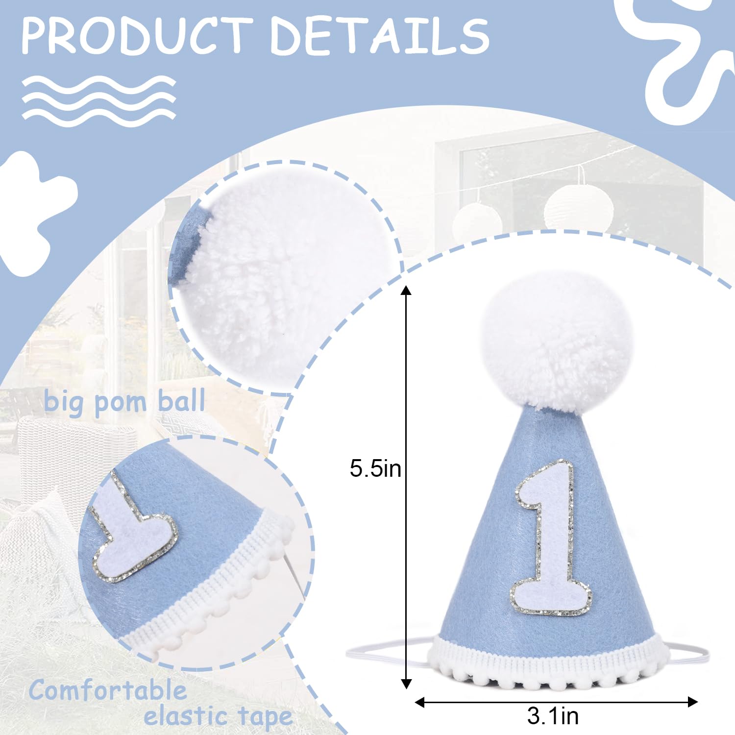 AOQURE 1st Birthday Cone Hat – Felt Party Crown with Pom Poms for Baby's Cake Smash