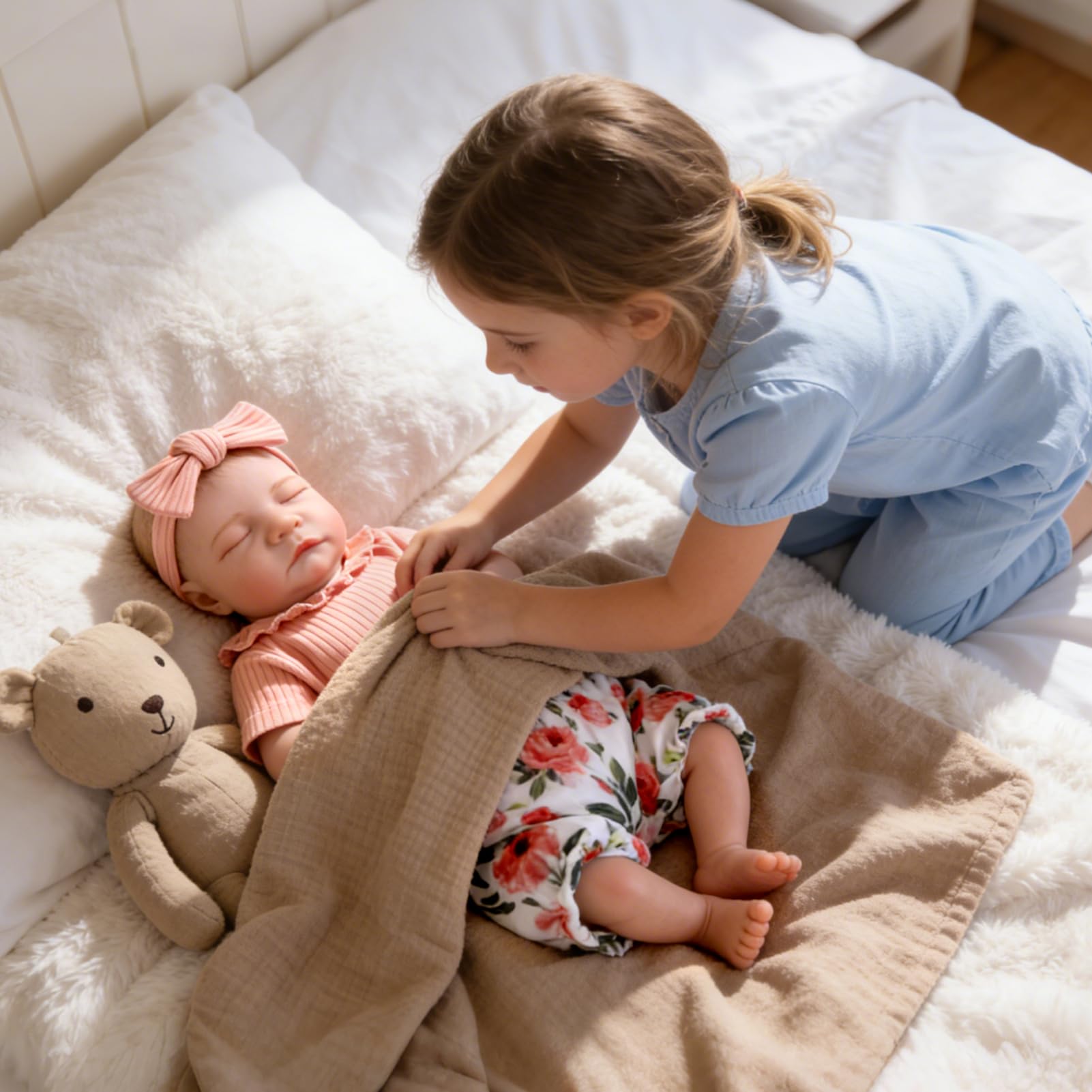 Aori Reborn Baby Doll Outfit: Pink Shirt, Floral Pants & Headband Set for 17-20 Inch Dolls