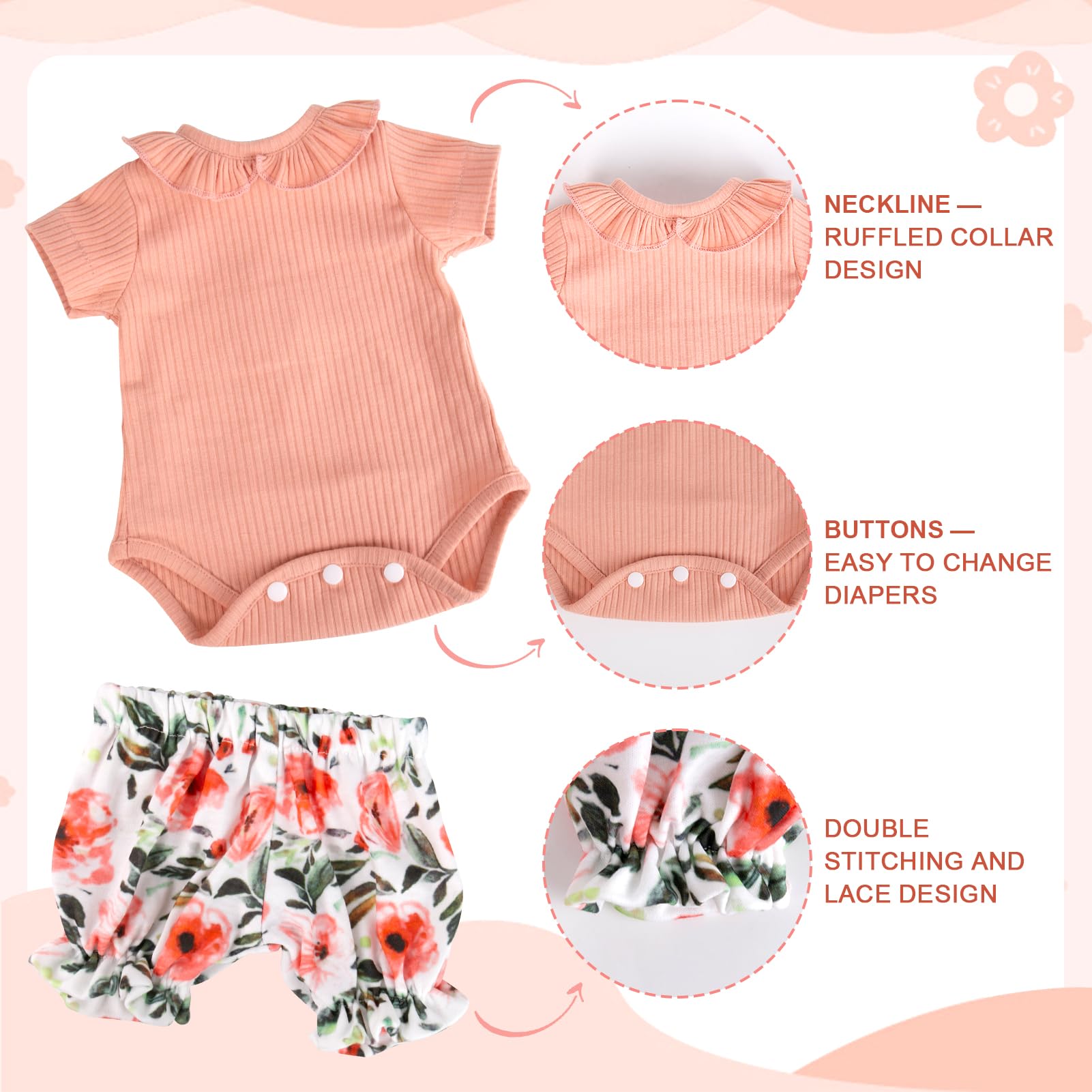 Aori Reborn Baby Doll Outfit: Pink Shirt, Floral Pants & Headband Set for 17-20 Inch Dolls