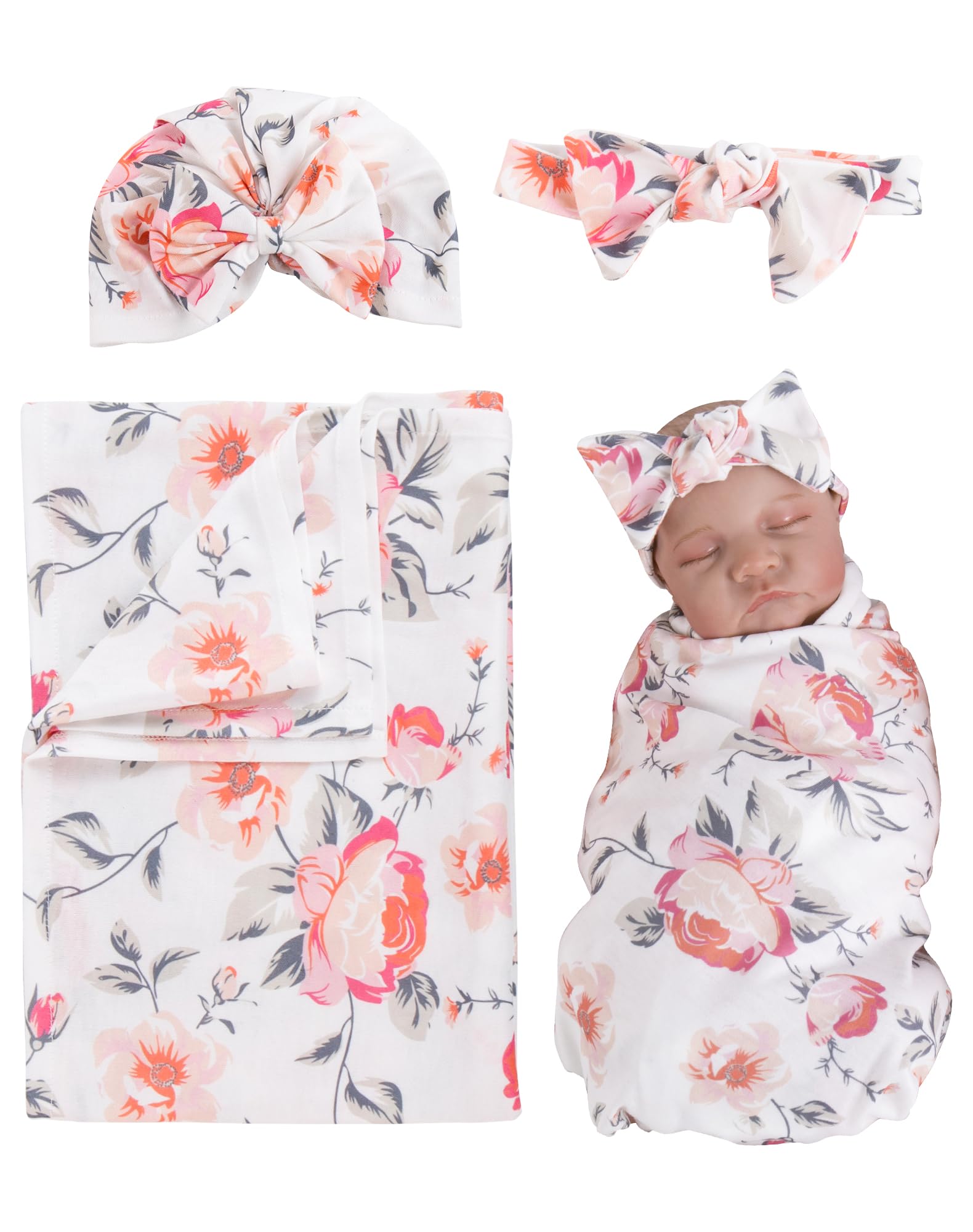 Aori Reborn Doll Swaddle Set: Floral Blanket, Bow Hat & Headband for 17-20" Dolls