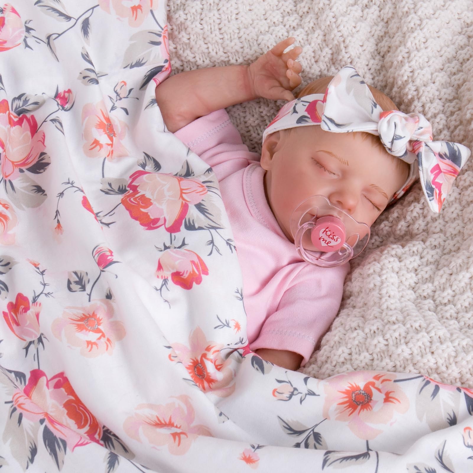 Aori Reborn Doll Swaddle Set: Floral Blanket, Bow Hat & Headband for 17-20" Dolls