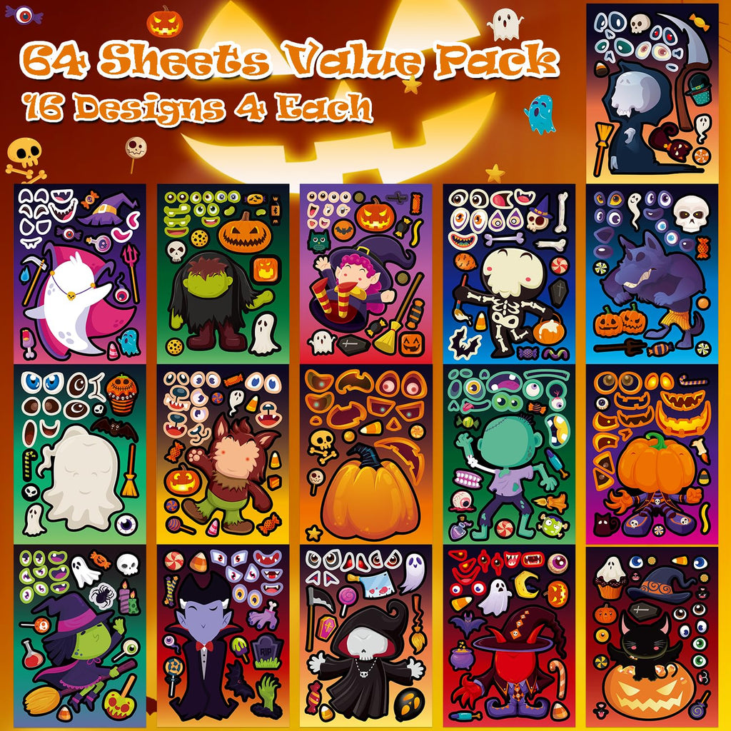 Aowplc 64 Sheets Halloween Stickers for Kids - 16 Designs, Waterproof, DIY Craft Party Favors