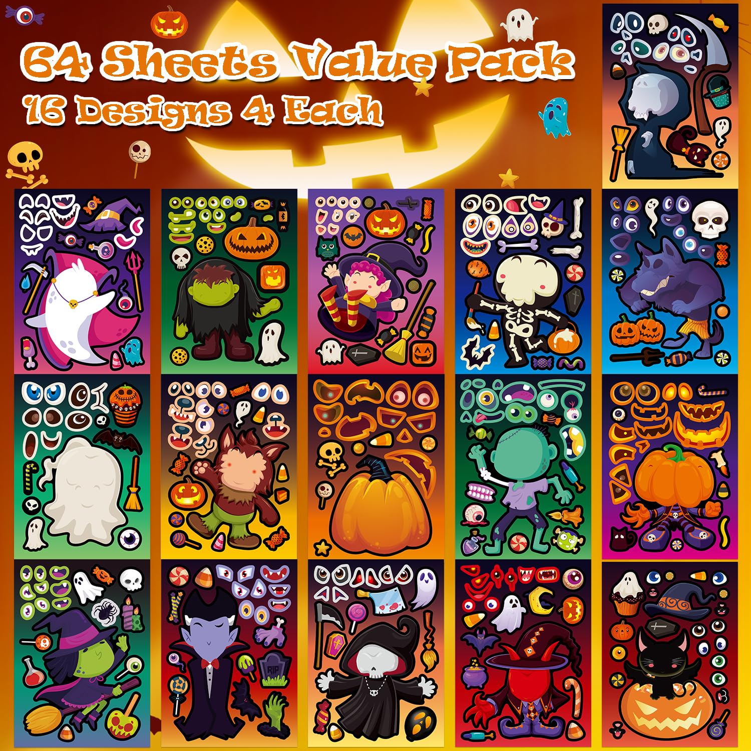 Aowplc 64 Sheets Halloween Stickers for Kids - 16 Designs, Waterproof, DIY Craft Party Favors