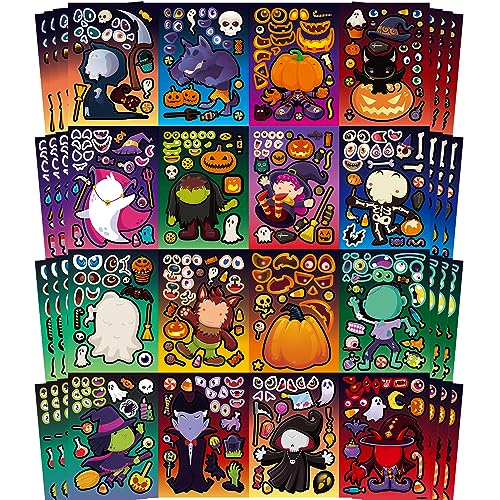 Aowplc 64 Sheets Halloween Stickers for Kids - 16 Designs, Waterproof, DIY Craft Party Favors