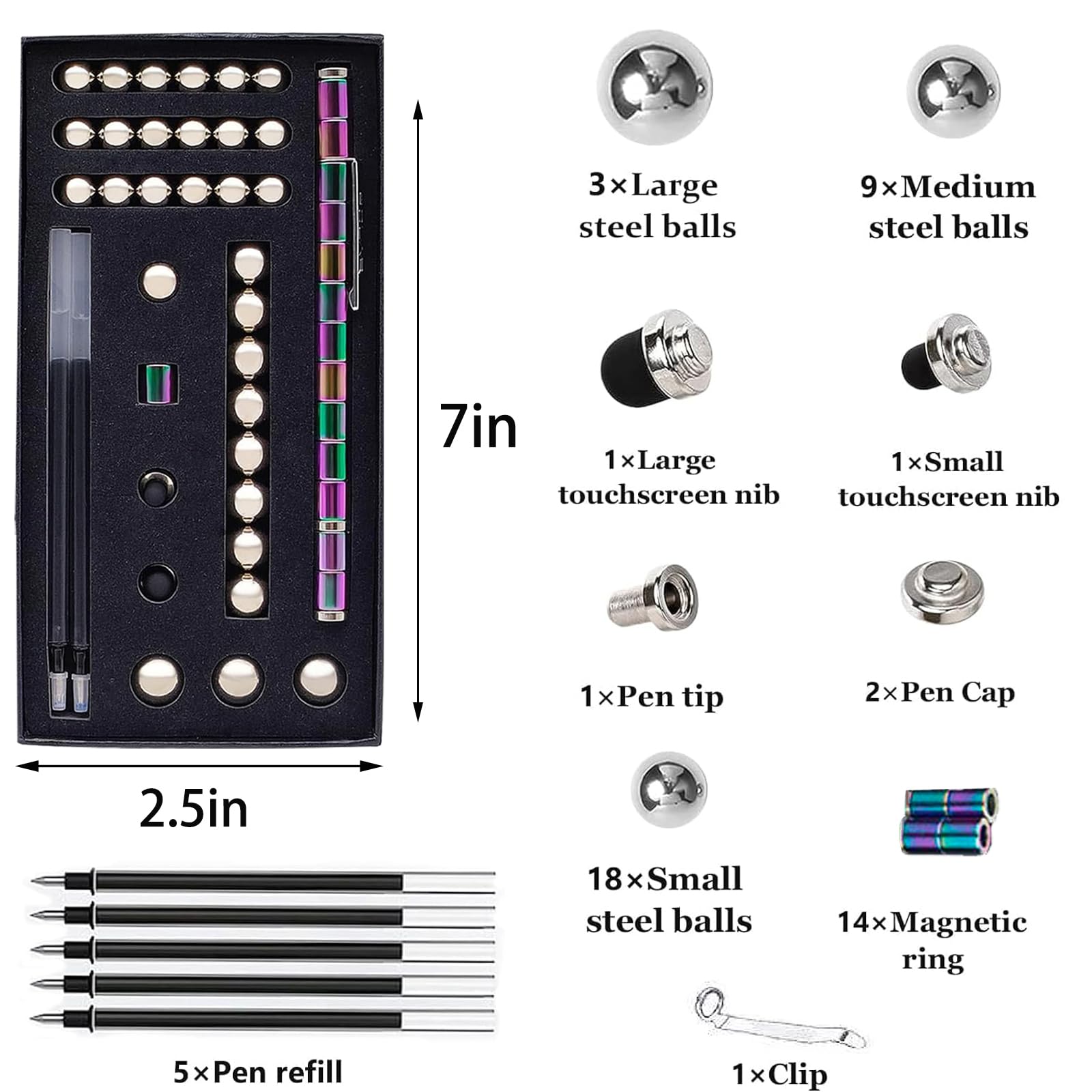 AOYALABOR Magnetic Fidget Pen with 14 Rings, 30 Steel Balls, 5 Gel Ink Refills – Stress Relief Toy for Teens and Adults