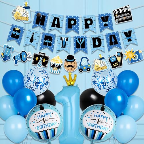 APINWIN Blue Black Boss 1st Birthday Party Kit – Pre-Strung Banner, Garland, Cake Topper, Foil & Latex Balloons for Boys