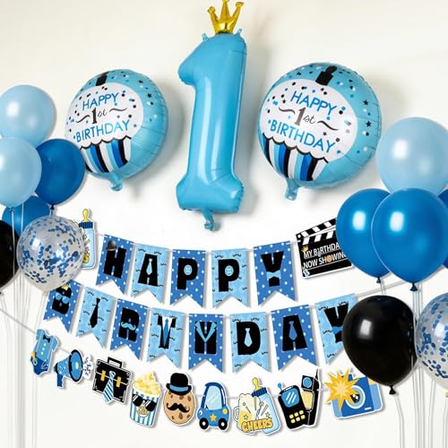 APINWIN Blue Black Boss 1st Birthday Party Kit – Pre-Strung Banner, Garland, Cake Topper, Foil & Latex Balloons for Boys