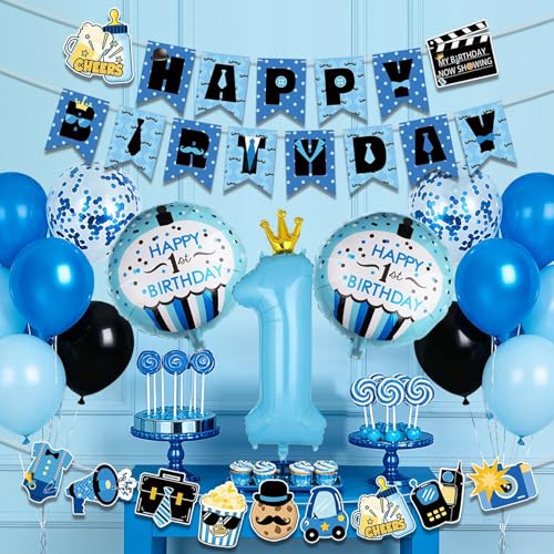 APINWIN Blue Black Boss 1st Birthday Party Kit – Pre-Strung Banner, Garland, Cake Topper, Foil & Latex Balloons for Boys