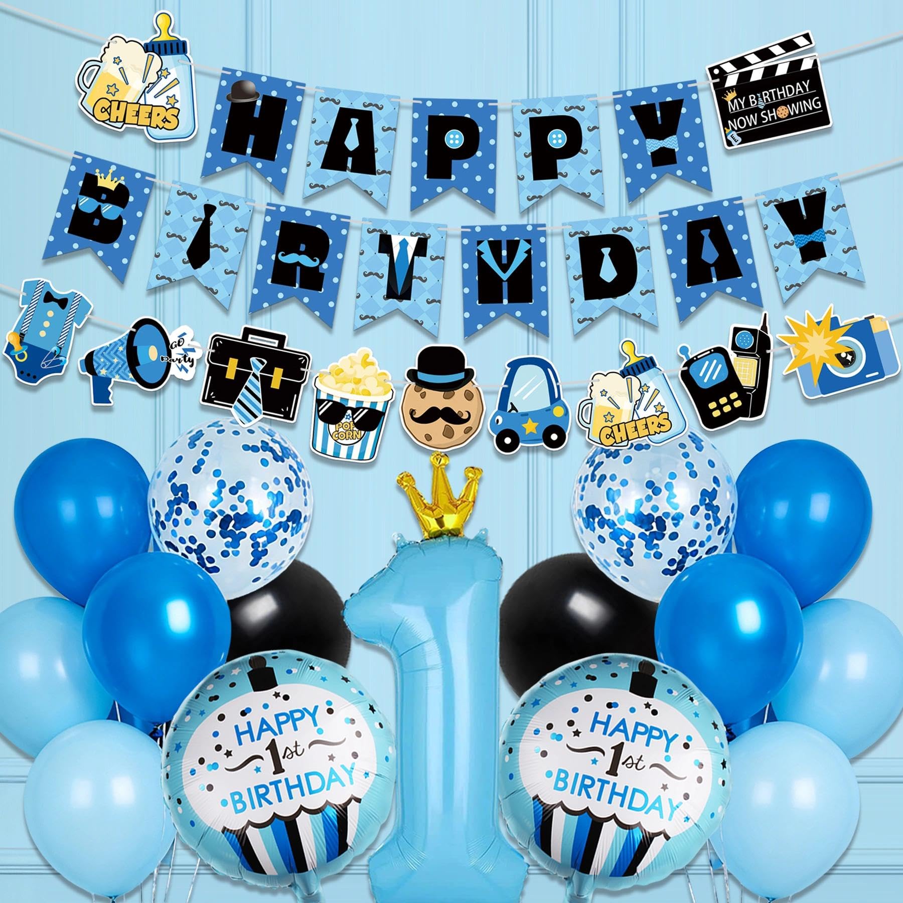 APINWIN Blue Black Boss 1st Birthday Party Kit – Pre-Strung Banner, Garland, Cake Topper, Foil & Latex Balloons for Boys