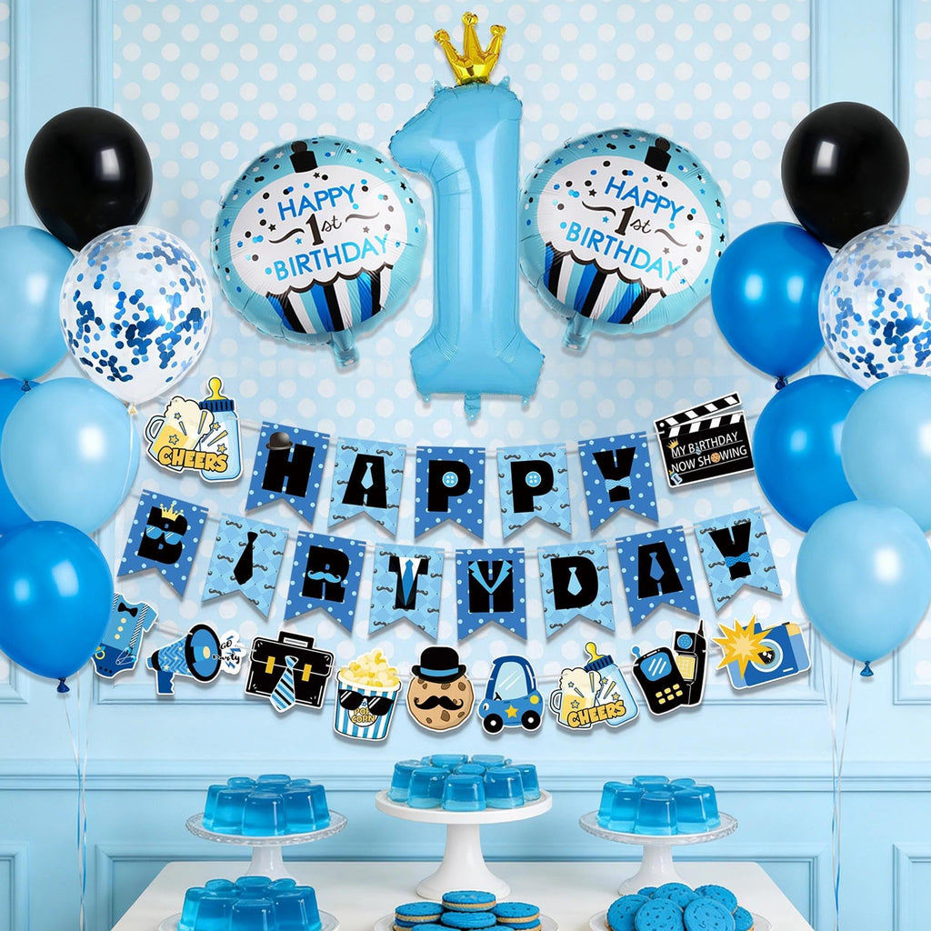 APINWIN Blue Black Boss 1st Birthday Party Kit – Pre-Strung Banner, Garland, Cake Topper, Foil & Latex Balloons for Boys