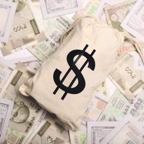 Apipi 4-Pack Canvas Money Bags - 7x13.8 Inch Dollar Sign Prop Sacks for Costumes and Party Favors