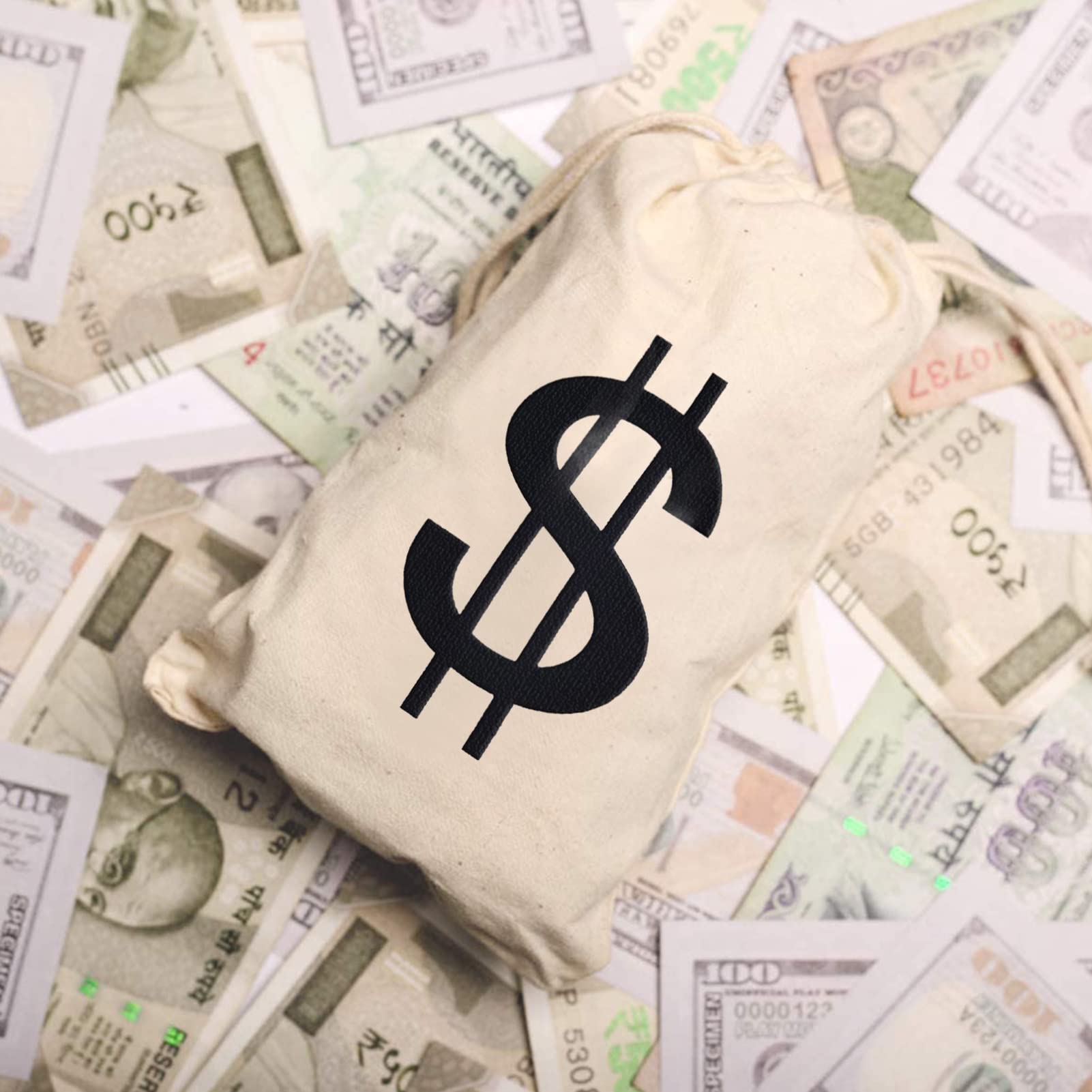 Apipi 4-Pack Canvas Money Bags - 7x13.8 Inch Dollar Sign Prop Sacks for Costumes and Party Favors
