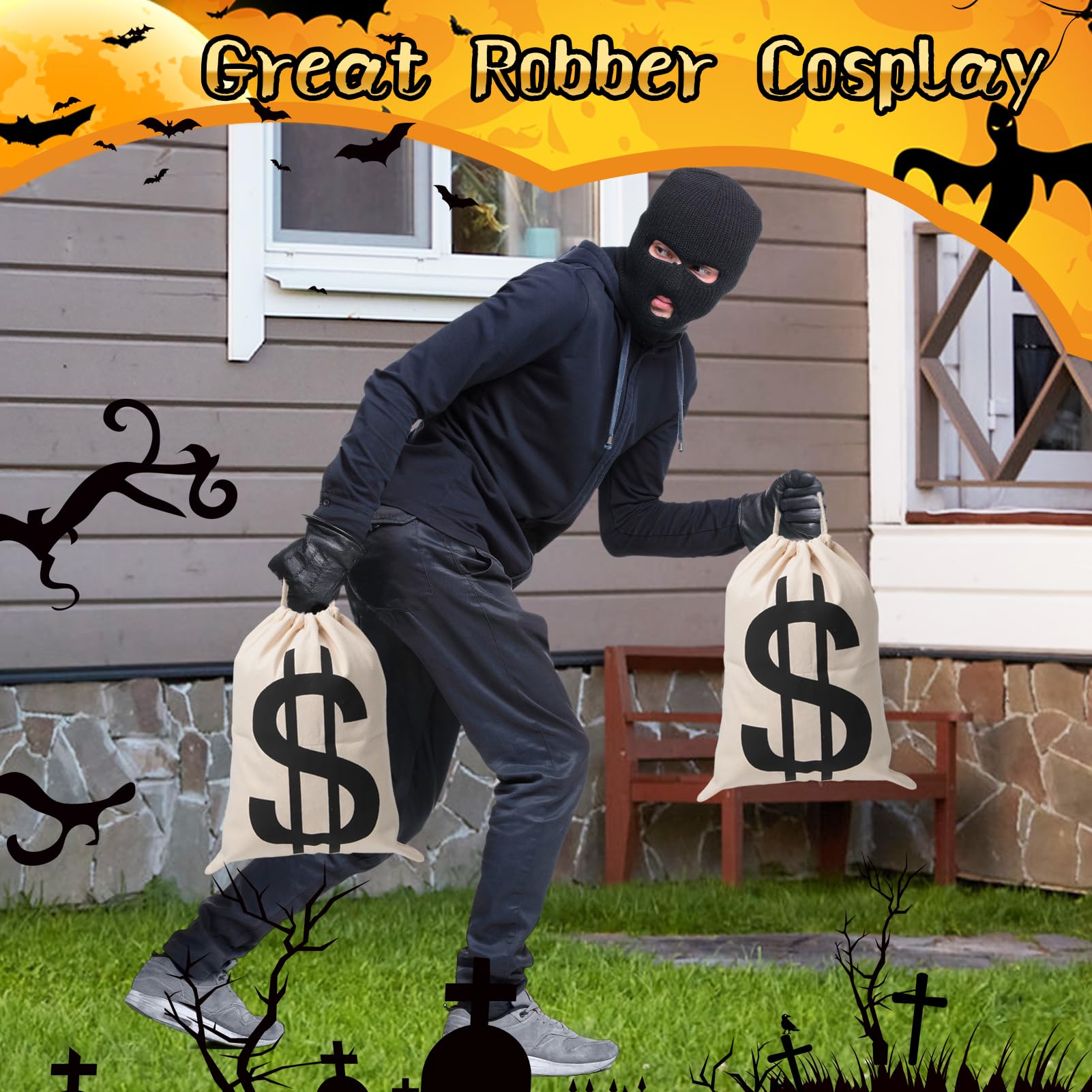 Apipi 4-Pack Canvas Money Bags - 7x13.8 Inch Dollar Sign Prop Sacks for Costumes and Party Favors