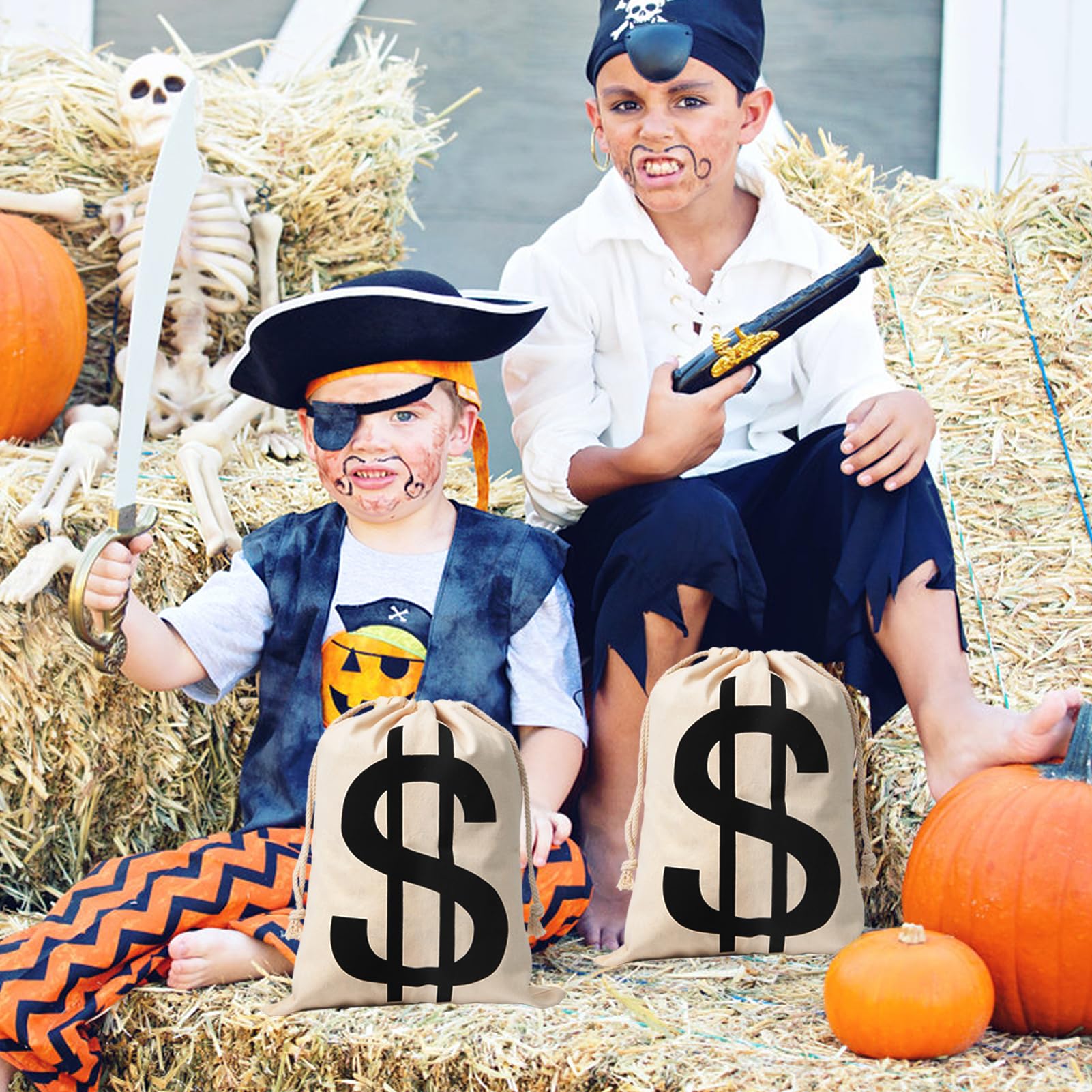 Apipi 4-Pack Canvas Money Bags - 7x13.8 Inch Dollar Sign Prop Sacks for Costumes and Party Favors