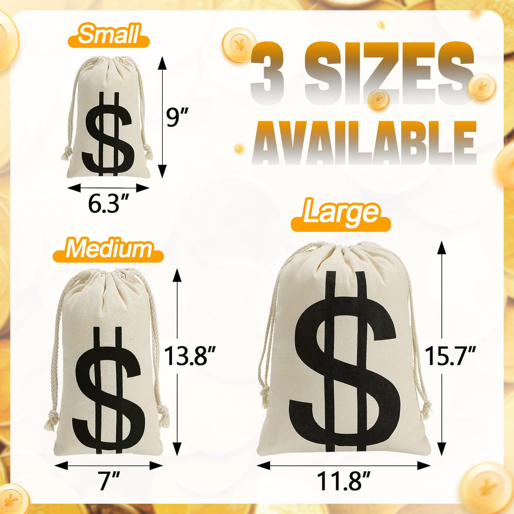 Apipi 4-Pack Canvas Money Bags - 7x13.8 Inch Dollar Sign Prop Sacks for Costumes and Party Favors