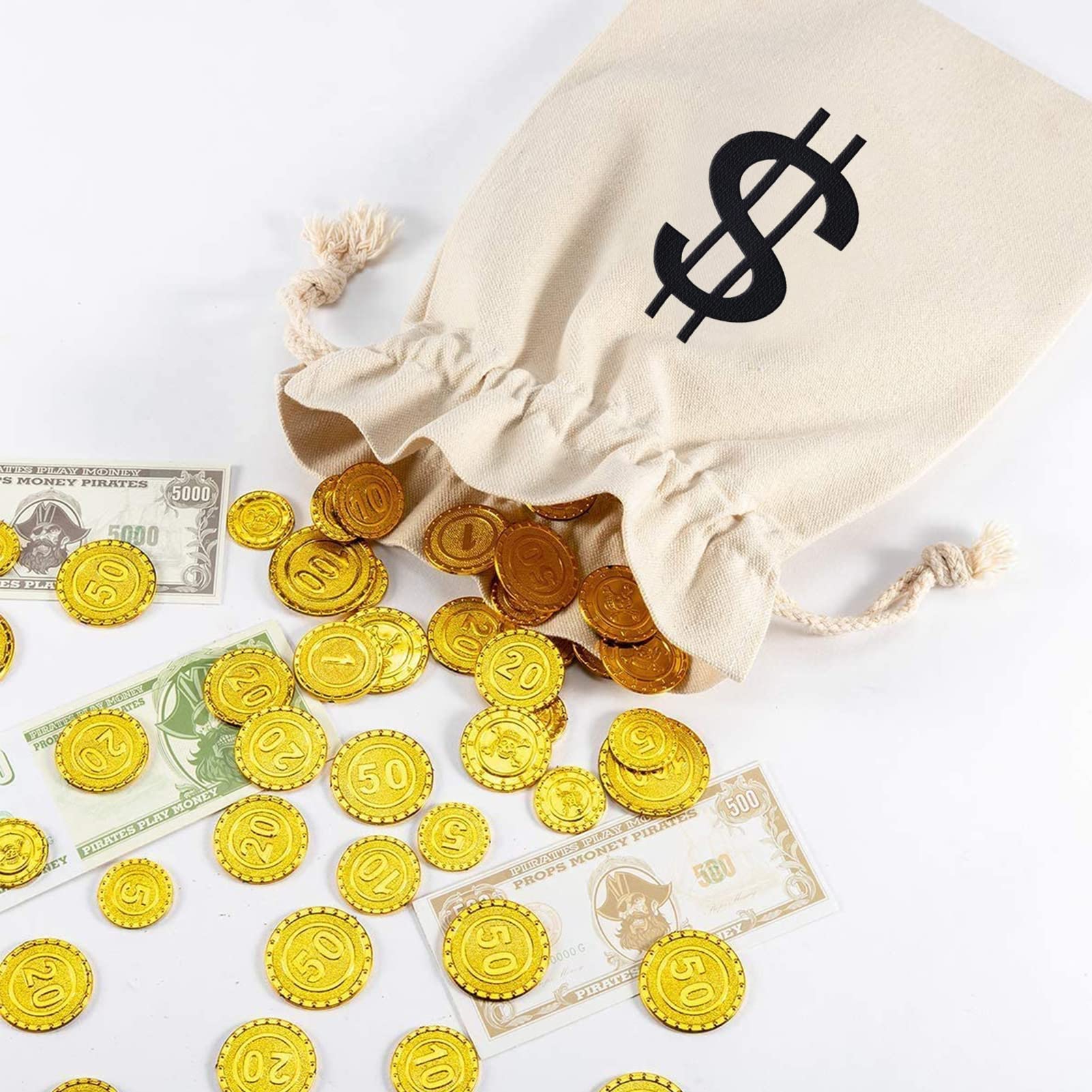 Apipi 4-Pack Canvas Money Bags - 7x13.8 Inch Dollar Sign Prop Sacks for Costumes and Party Favors