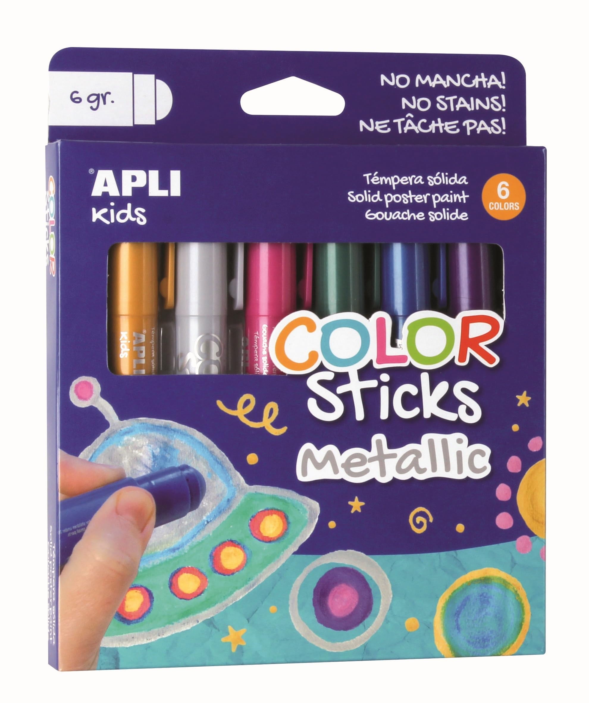 APLI Kids Metallic Colouring Sticks – 6-Pack, 6g Each, Quick-Drying and Non-Staining