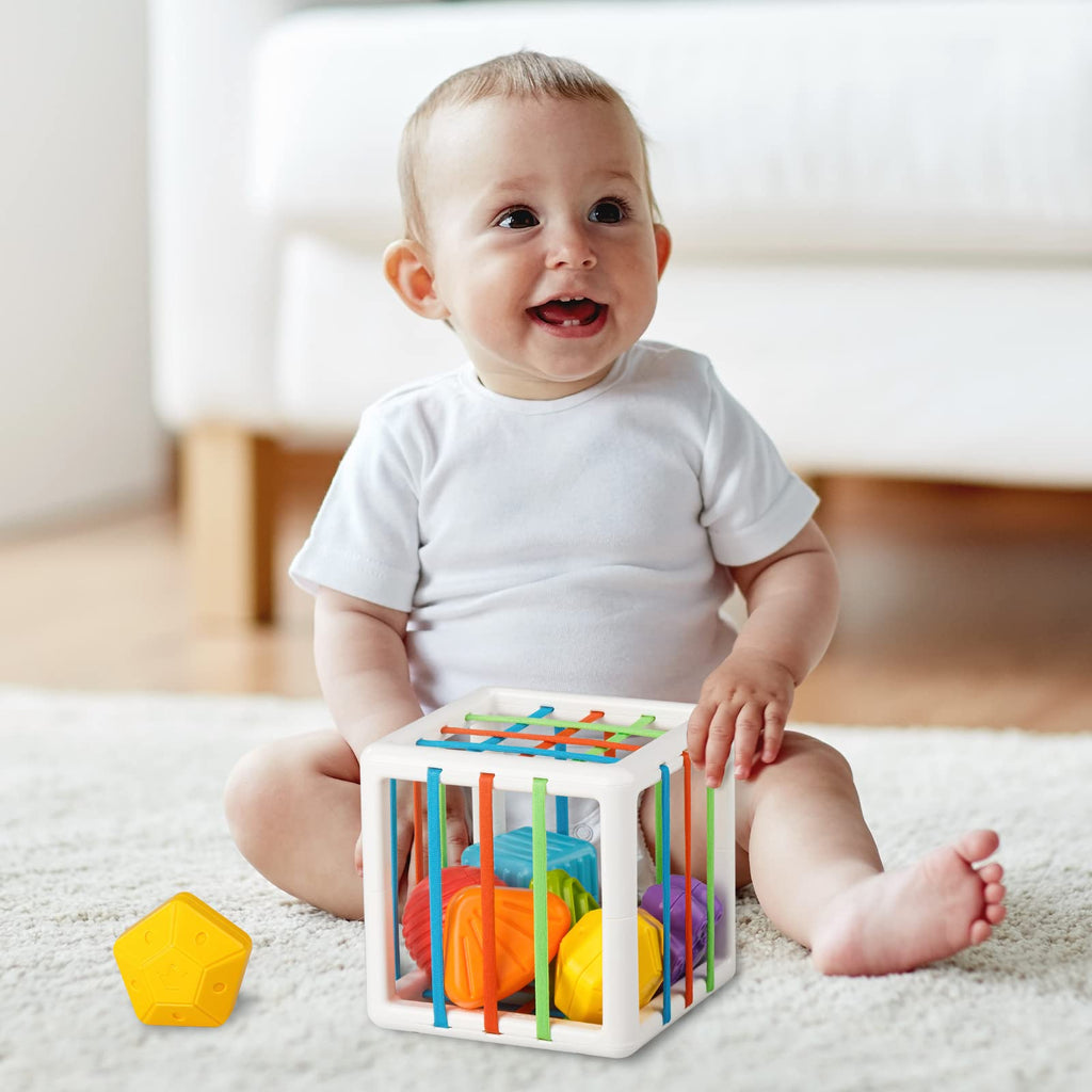 Aprilwolf Montessori Shape Sorting Cube - 6 Sensory Blocks for Toddlers 1-3 Years
